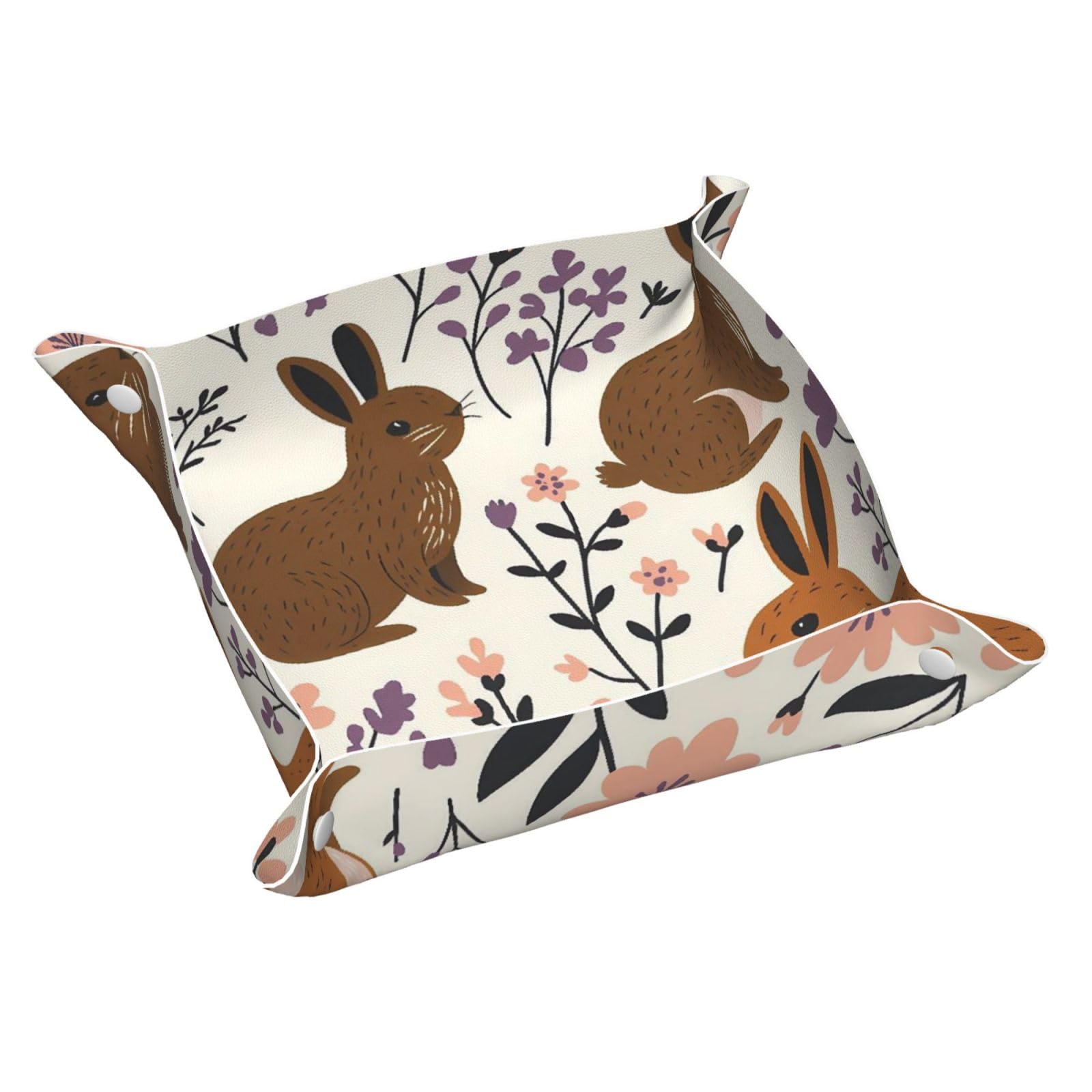 HLBSDM Brown Bunny & Pink Purple Flowers Tray Men's Leather Valet Parking Portable Entrance Trays Bedside Storage Box