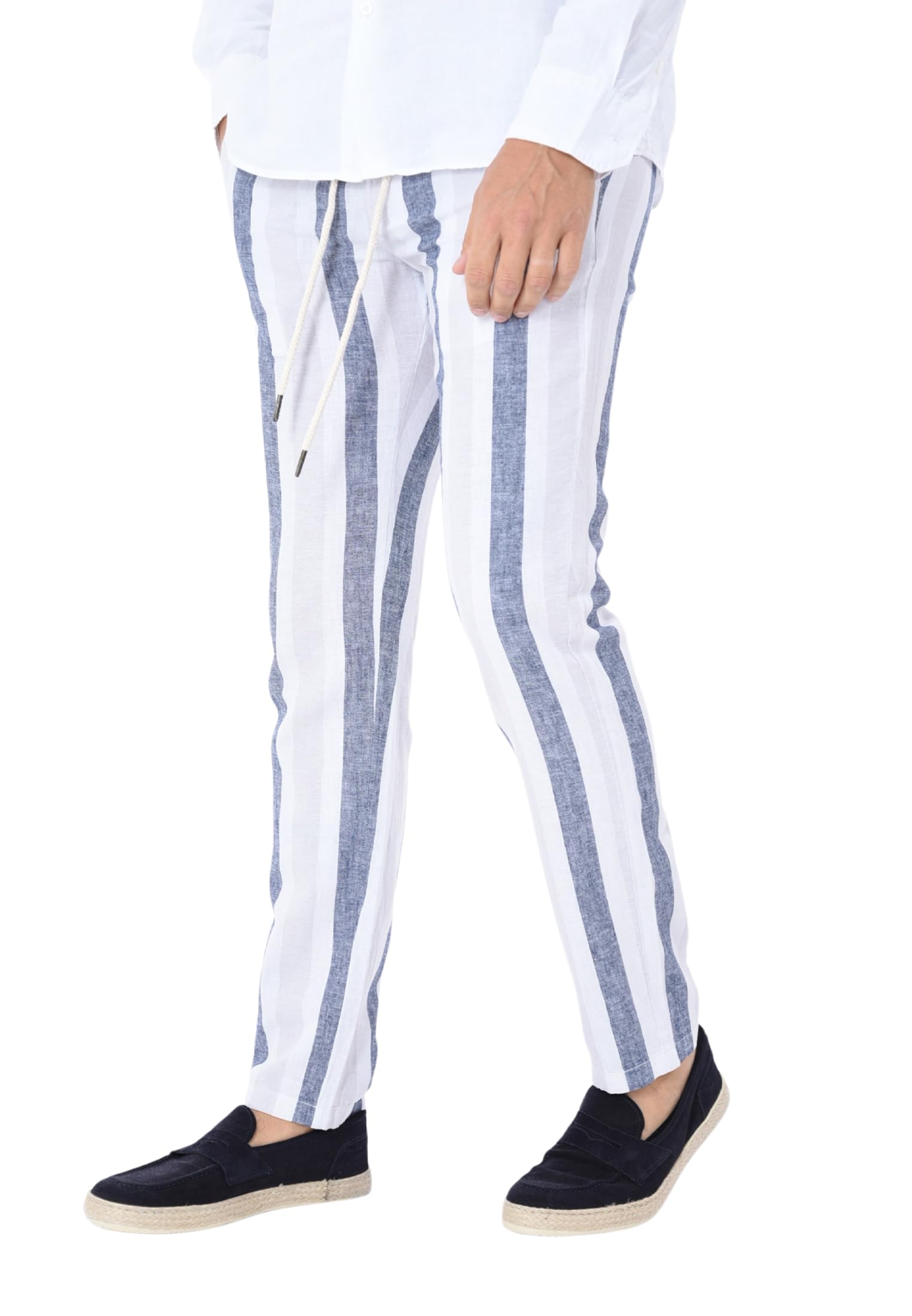 Pantaloni Lino Uomo Estivi a Righe Pantalaccio Eleganti con Laccio in Vita a Fantasia