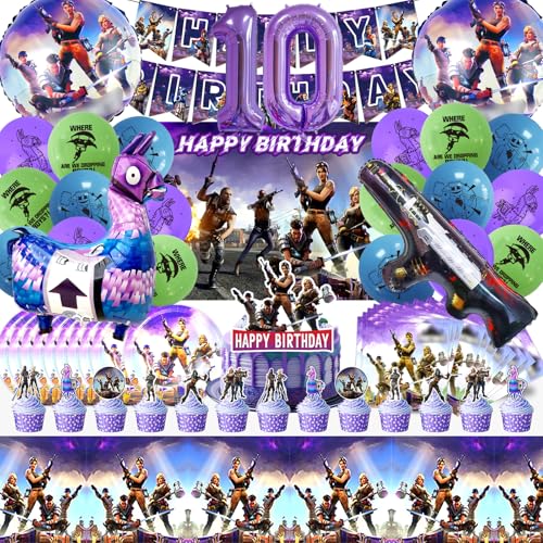 Fortnit 10 anos, 82 peças decoração de aniversário, balões, festa infantil e bolo