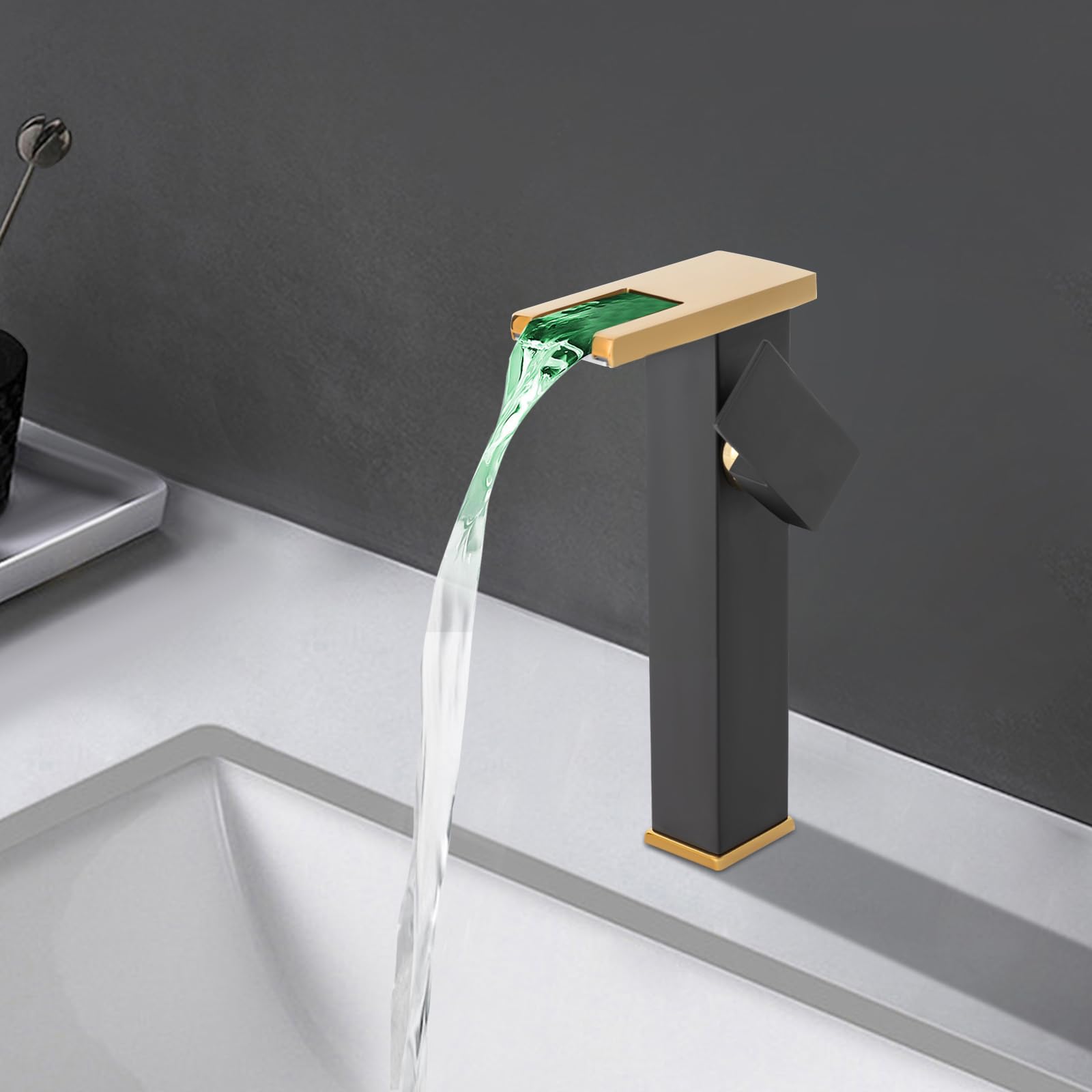 Robinet cascade LED - En acier inoxydable - Avec 2 tubes - Pour mitigeur de salle de bain - Noir et doré