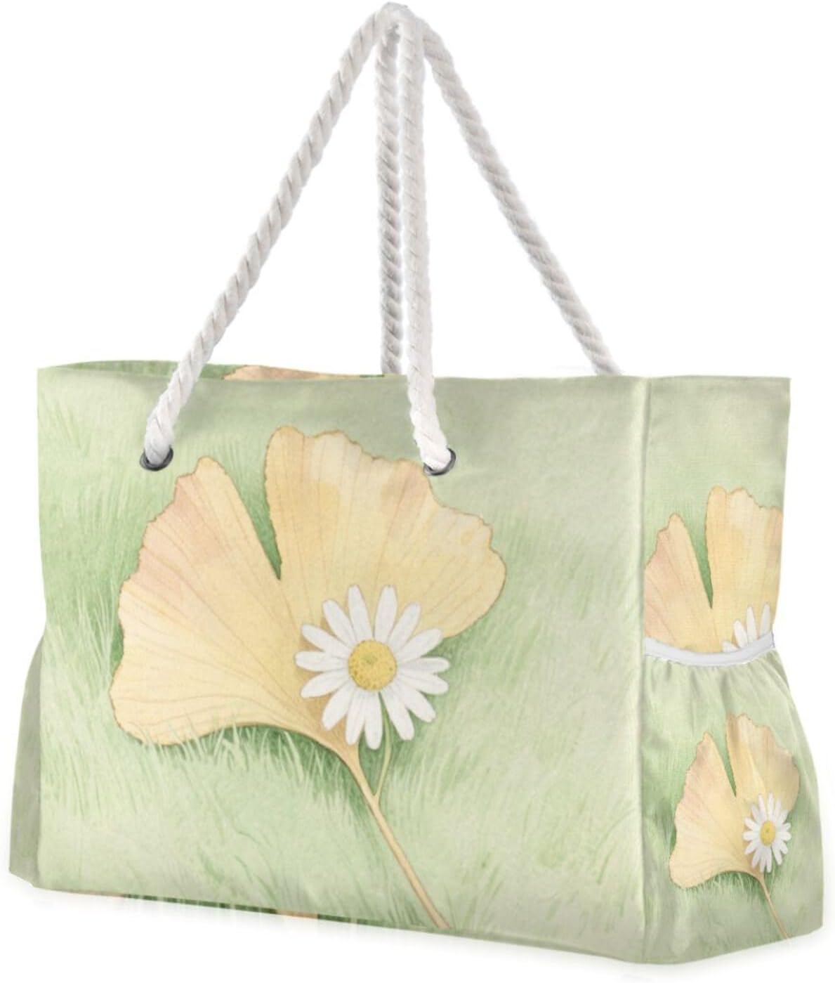 OTVEE Ginkgo Leaves and Daisy Patterns Beach Bags for Women Ladies Large Canvas Tote Shoulder Bag Waterproof Travel Bags for Gym Swim Pool Camping