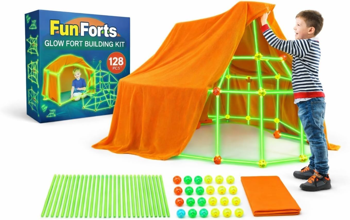 Fun Glow Fort Building Kit for Kids - 128 Pcs Glow in The Dark STEM Building Toys Indoor Outdoor Play Tent for Kids Construction Toys with 80 Rods, 48 Spheres & 1 Cloth Sheet