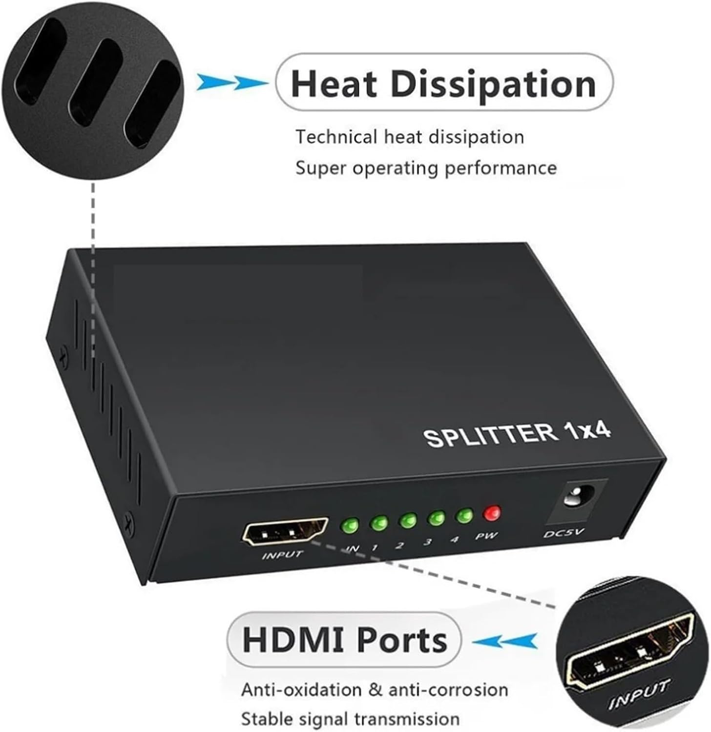 HDMI-Compatible Splitter HDCP 1 in 4 Out Power Signal Amplifier 3D 1080P 1x4 Audio Spliter Switch HD Converter Adapter(US Adapter)