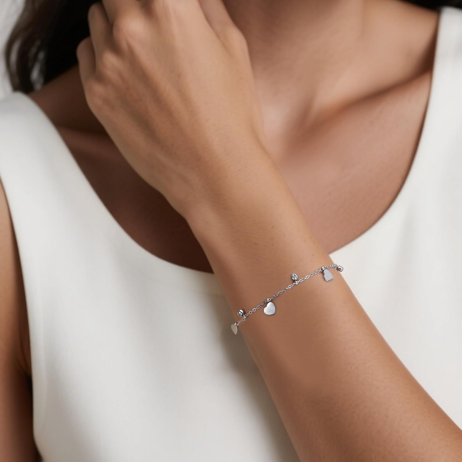 Hypoallergenic Heart Charm Bracelet for Women - Adjustable Silver Chain with Sparkling Charms, Elegant Jewelry for Everyday & Valentine’s Day Gifts - Image 3