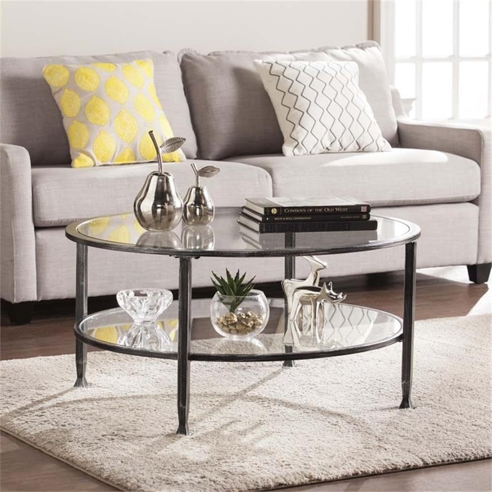 SEI Furniture Jaymes Round Glass Top Coffee Table in Black