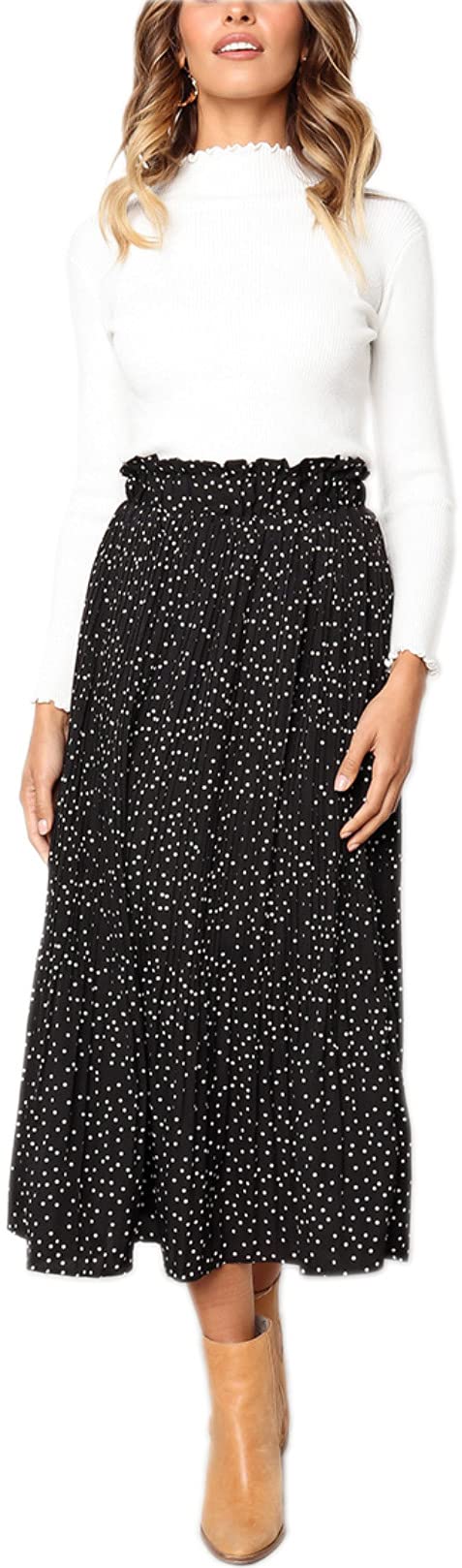Hoerev Jupe Longue Plissée à Pois Avec Poches – Maxi Jupe Fluide Boho Chic Pour Plage, Soirée, Été