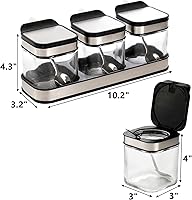 Vista 2 de DEAYOU 3 Pack Glass Seasoning Box with Tray, Clear Condiment Canister with 18/10 Stainless Steel Lid and Spoon, Kitchen Spice Pot with Base, Salt
