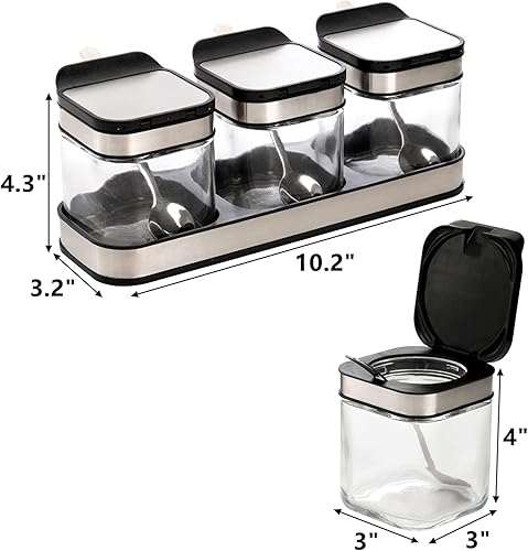 Miniatura 2 de DEAYOU Paquete de 3 cajas de condimentos de vidrio con bandeja, recipiente transparente para condimentos con tapa de acero inoxidable 18/10 y