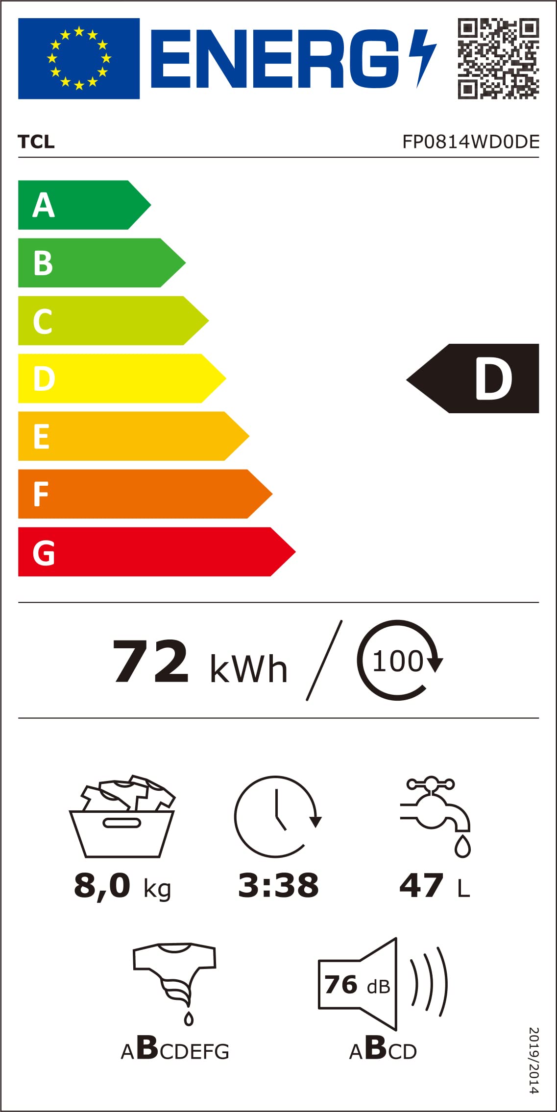 TCL - FP0814WD0DE - Frontlader-Waschmaschine (8 kg) - 1400 U/min - Energieklasse D - BLDC-Inverter-Motor - Touchscreen-Bedienungsanzeige