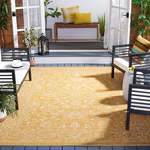 SAFAVIEH Washable Rug Outdoor Courtyard Collection - 6'7" Square, Gold & Ivory, Non-Shedding & Easy Cleaning, Ideal for Patio, Backyard, Mudroom (CY8680-56021)