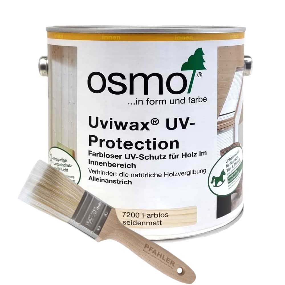 OSMO Uviwax UV-Protection Farblos Seidenmatt 7200 2,5l + Flächenstreicher Pinsel von Pfahler Gratis, Einzigartiger UV-Schutz für Innenräume