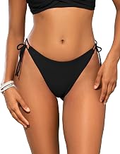 SHEKINI Women's Side Strappy Bikini Bottom Ribbed Back High Cut Brazilian Thong Swimsuit Briefs