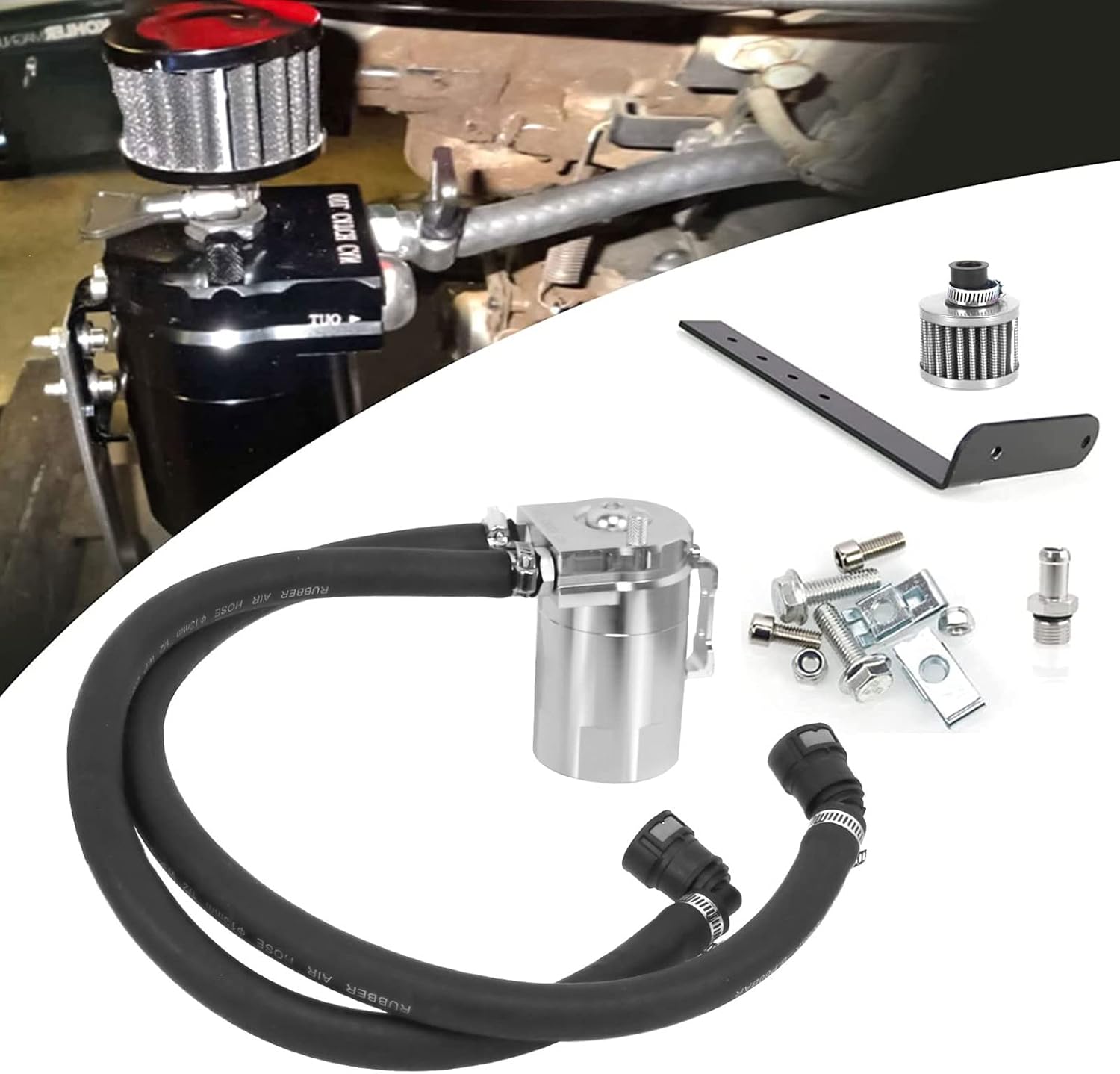 RULLINE Oil Catch Can Kit Oil Separator Reservoir Tank Engine Polish Baffled Compatible with 2011-2019 Ford F150 2.7EB 3.5EB 5.0 Passenger Side with Breather Filter Silver 400ml