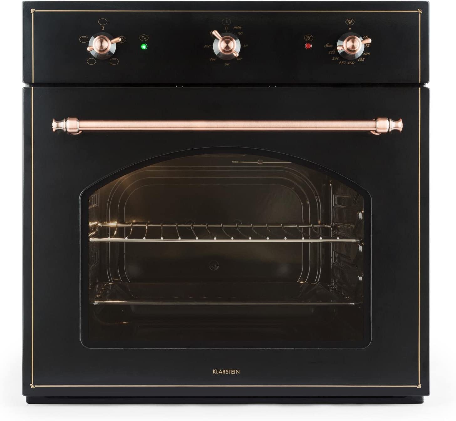 Klarstein Vilhelmine - Einbau-Backofen, Elektrobackofen, 55 Liter Volumen, Vintage-Design, 3 Betriebsfunktionen, Ober- Unterhitze, Garzeit-Timer, Edelstahl, schwarz-kupfer