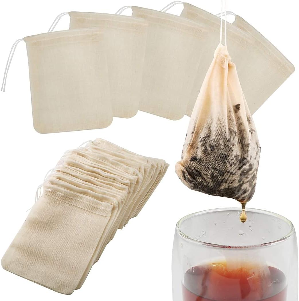 Tea Filters Strainer Bags Reusable Coffee Brew Herb Cheesecloth Muslin Drawstring Mesh Bag with Drawstring Unbleached for Loose Leaf Tea Office Home Kitchen, 4x3 Inch (Pack of 20)