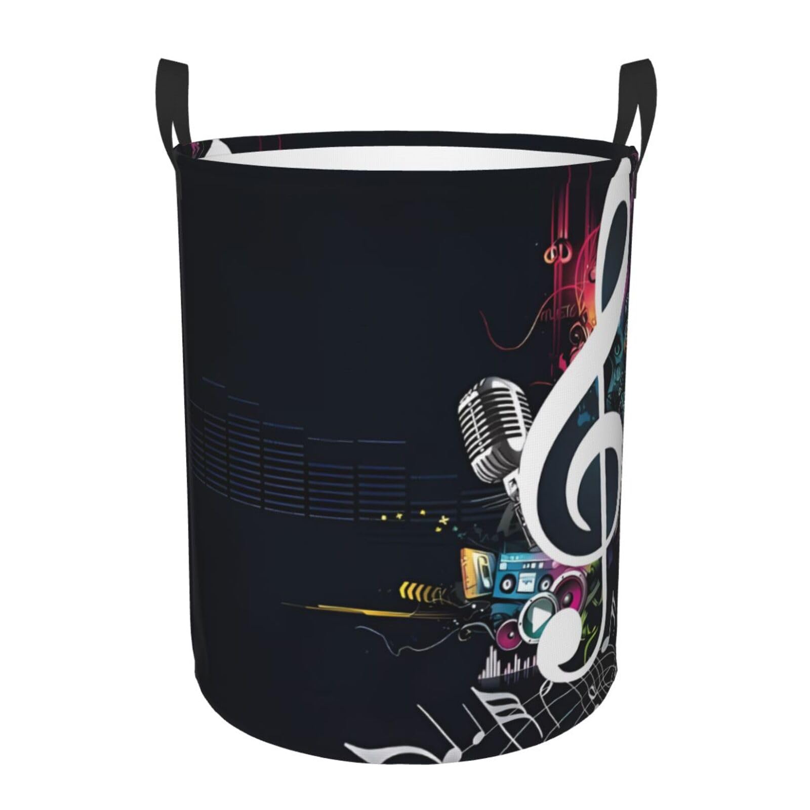 M Circular Hamper – Collapsible Black Music Notes Print Laundry Basket