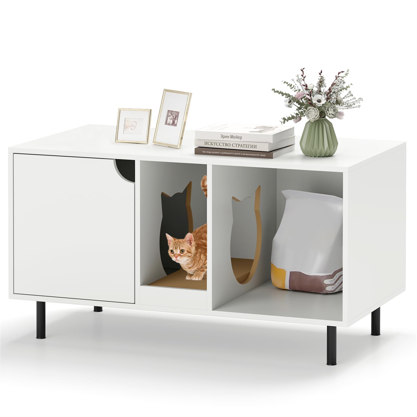 COSTWAY Lettiera Nascosto, Mobile Laterale in Legno con Ingresso a Forma di Testa di Gatto, Pannello Grattugia Rimovibile e Gambe in Metallo, Tavolino per Animali Domestici, Bianco, Portata di 120 kg