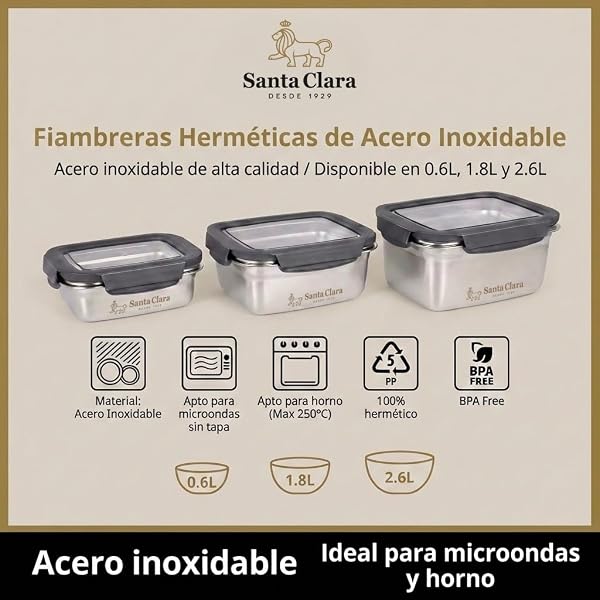 INDE SANTA CLARA | Fiambrera de Acero Inoxidable 0.6L Hermética para Microondas, Tapa Plástica con 4 Cierres, Apta para Horno, Tupper Acero Inoxidable, Bento Box, Termo Comida - 4