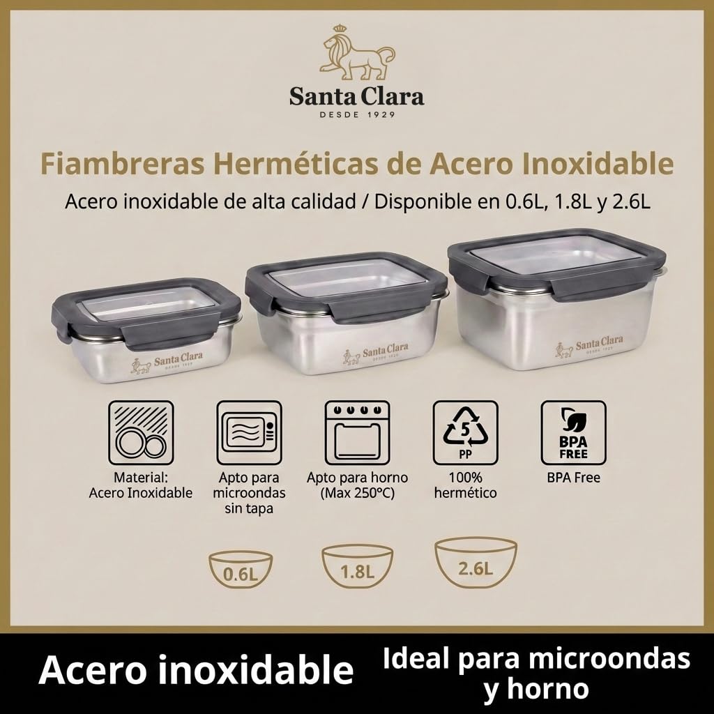 INDE SANTA CLARA | Fiambrera de Acero Inoxidable 0.6L Hermética para Microondas, Tapa Plástica con 4 Cierres, Apta para Horno, Tupper Acero Inoxidable, Bento Box, Termo Comida — view 4