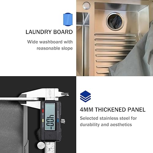 Miniatura 6 de Fregadero de acero inoxidable con tabla de lavadero, lavabo para cocina, baño, balcón, diseño de doble tazón fácil de limpiar (23.622 in23.6