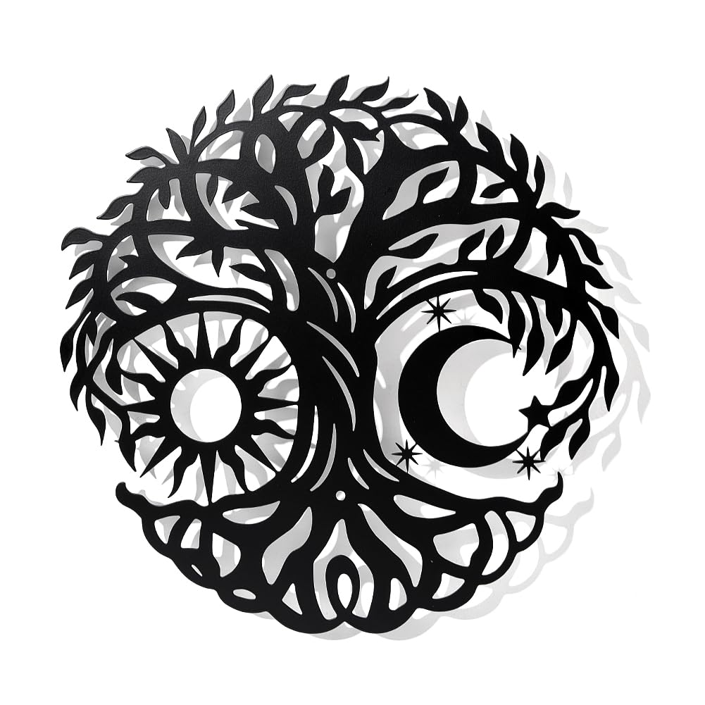 NBEADS Árbol de la Vida con Luna y Sol, decoración de Pared de Metal, decoración de Pared Negra para Colgar en la Pared para el hogar, Dormitorio, Sala de Estar, baño, Oficina, Hotel, 30x30cm