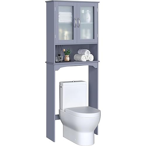 Yaheetech Over The Toilet Storage Cabinet, Free Standing Toilet Rack with Adjustable Shelves and Tempered Glass Doors for Bathroom Washroom, Grey