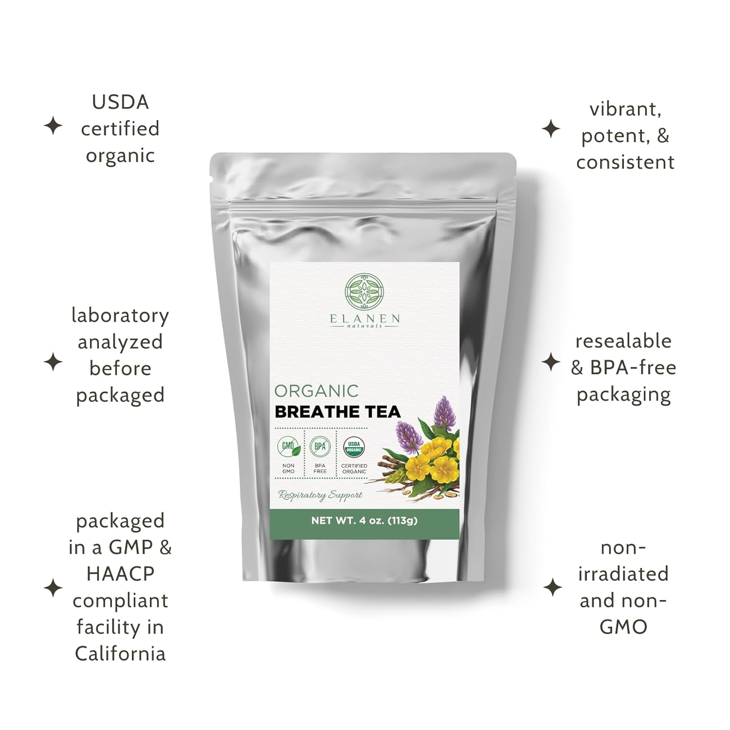 Elanen Naturals Organic Breathe Tea 4 oz. (113g), USDA Certified Organic Lung Tea for Bronchial Wellness and Smokers, Respiratory Blend, Gordo Lobo Herbs Loose Leaf, Mullein Detox Lungs, Cut & Sifted