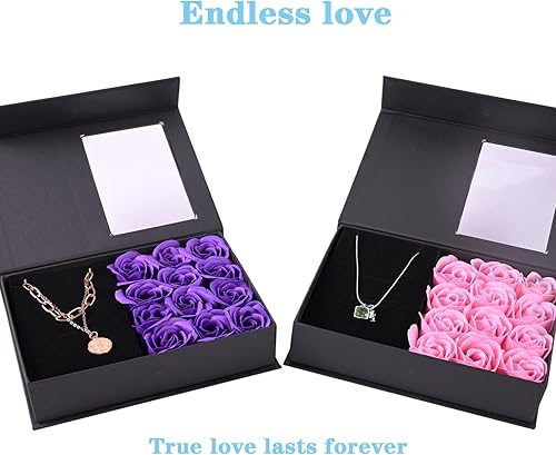 Vista 11 de Caja de regalo de joyería con tapas, caja de regalo de rosa preservada, caja de embalaje romántica de terciopelo para San Valentín con 12 rosas