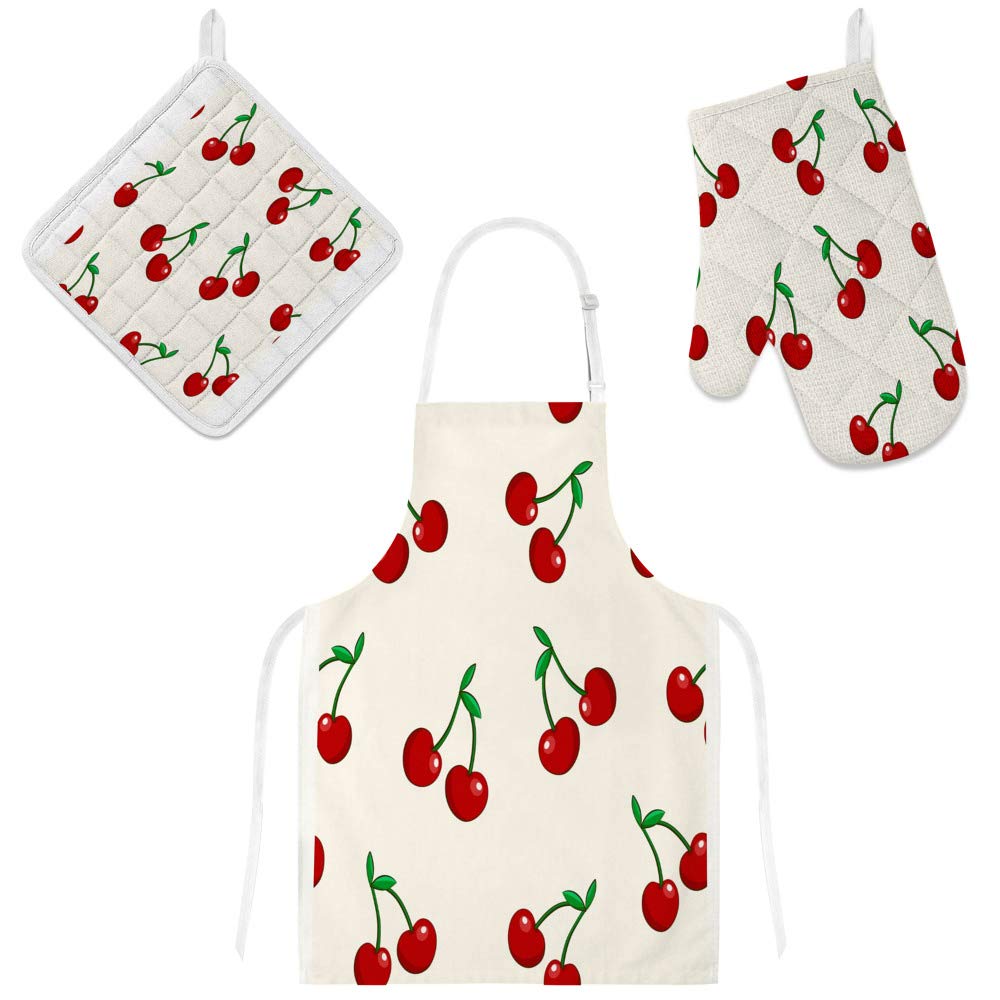 Tablier de cuisine imperméable et réglable avec gant et manique motif cerise