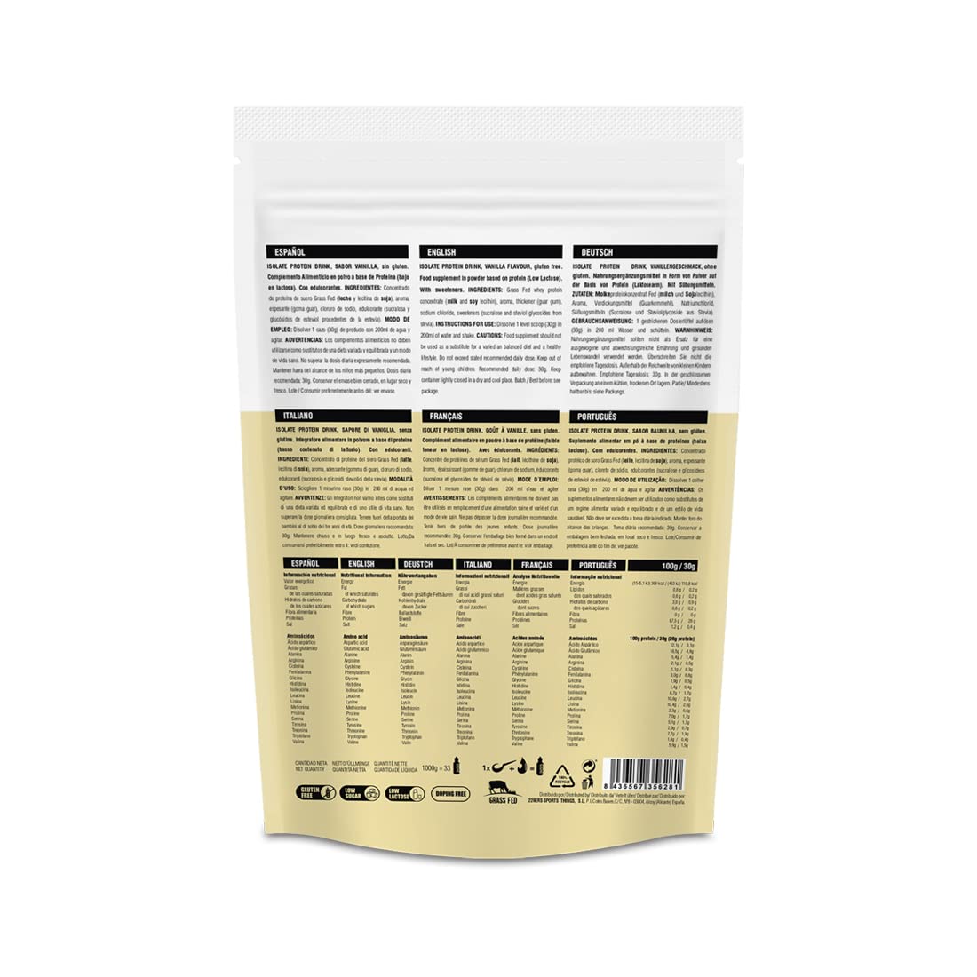 226ERS - Protéines isolées Protéines de lactosérum isolées ultrafiltrées, issues de vaches nourries à l'herbe, en poudre, faible en sucre et sans gluten - Vanille - 1000 g