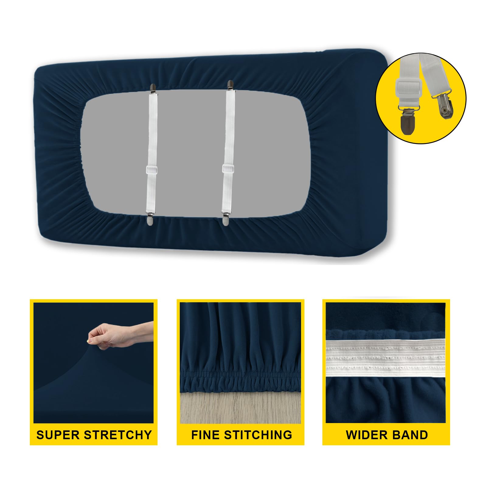 SYLC Caravan Stoelhoes Stretch Fluweel, Bank Kussenhoezen Met 2 Riemen Anti-slip, Sofa Kussenhoes Voor RV Auto Camper Motorhome (Navy Blue,Rectangle 4XL