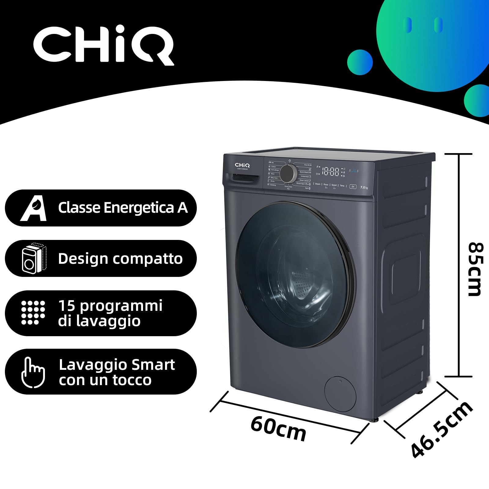 CHiQ CW07123863AX Lavatrice Slim- 7KG, Classe A, Motore BLDC 1200 RPM, Vapore e Lavaggio rapido, 15 Programmi, Design compatto (60x46,5x85cm) - Grigio moderno