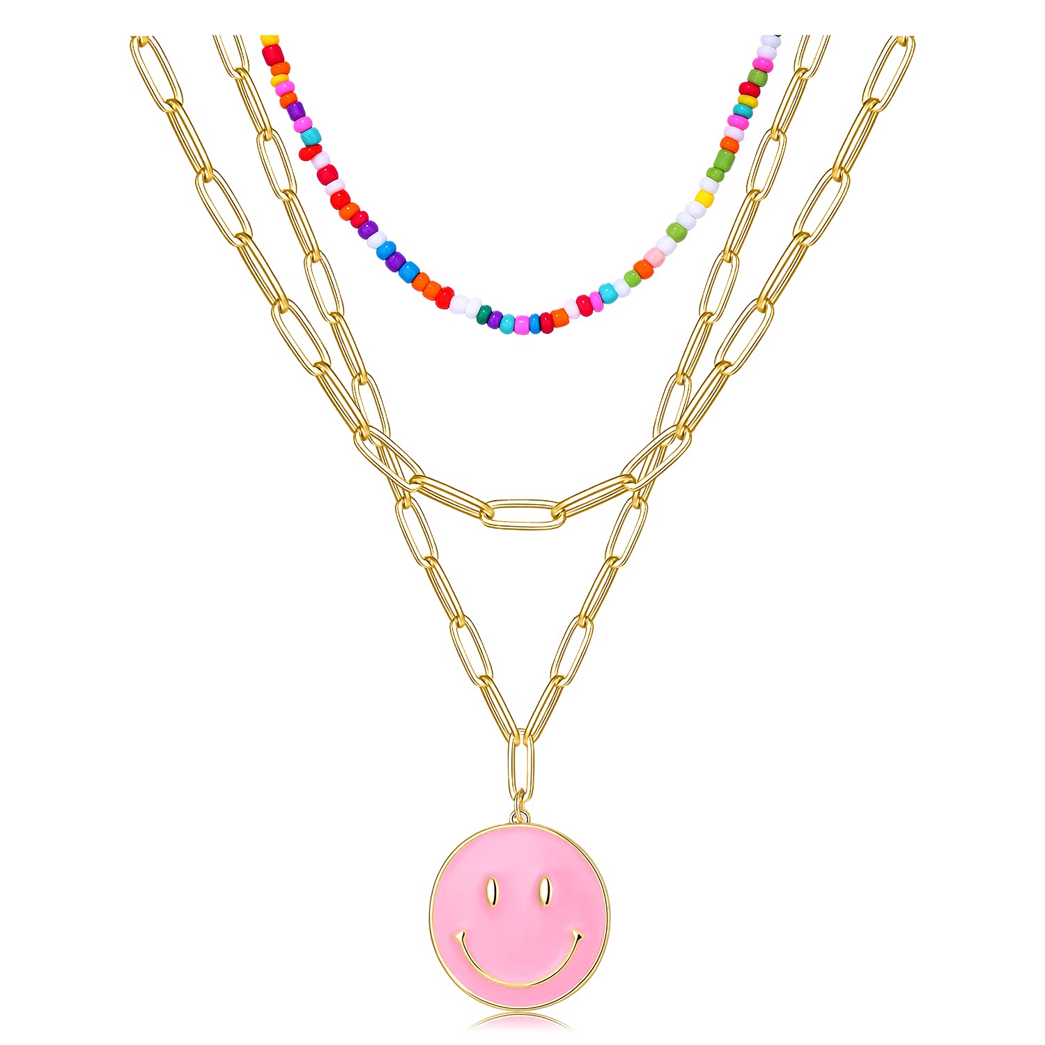 14K Gold Layered Beaded Necklaces for Women-Detachable Colorful Beaded Choker Dainty Paperclip Chain Smiley Face Pendant Necklace Y2k Jewelry