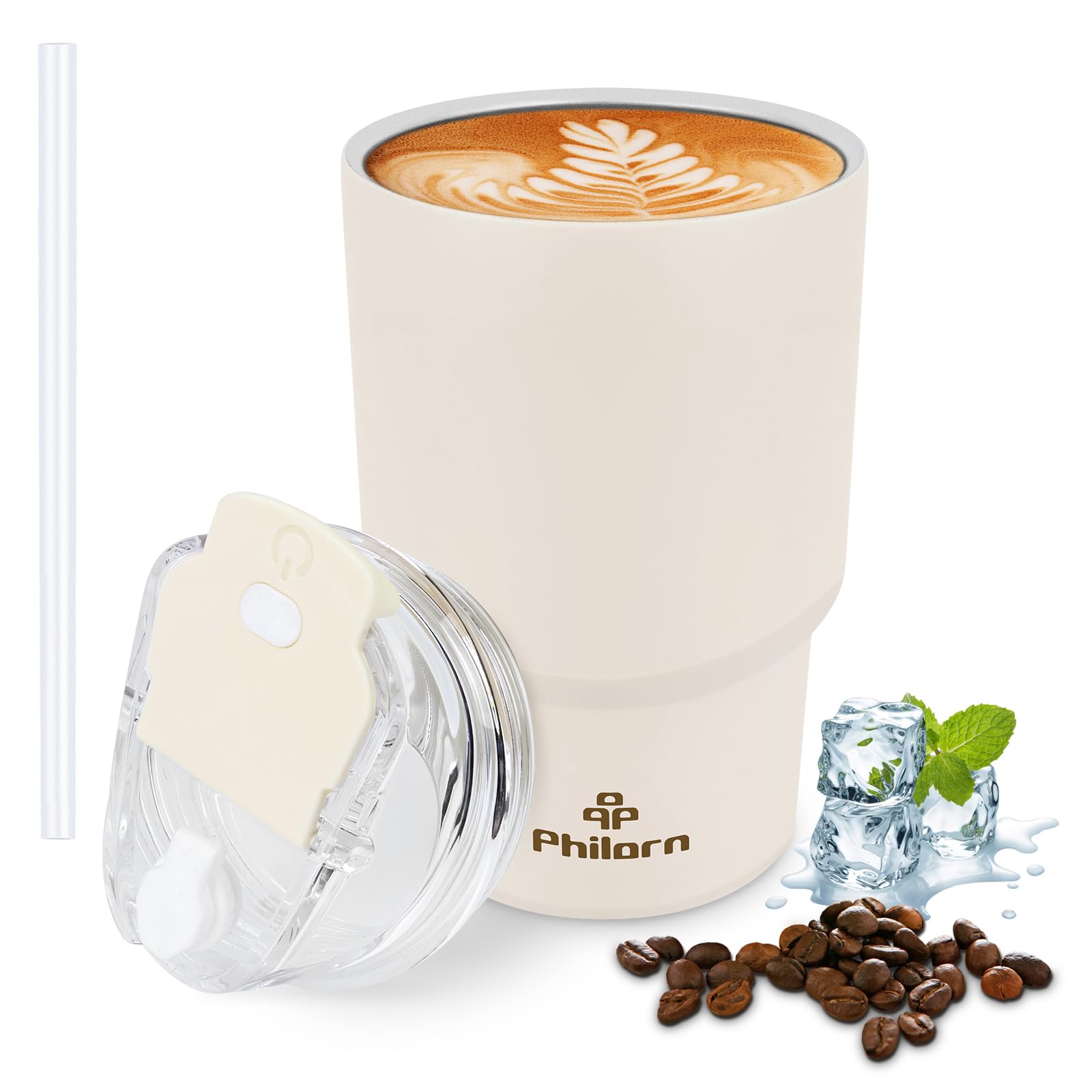 Philorn Thermobecher Kaffee to go, 14OZ/400ml mit Doppelwand, Wiederverwendbarer Kaffeebecher mit Deckel & Strohhalm, Weiß Coffee to go Becher für Heiße und Kalte Getränke