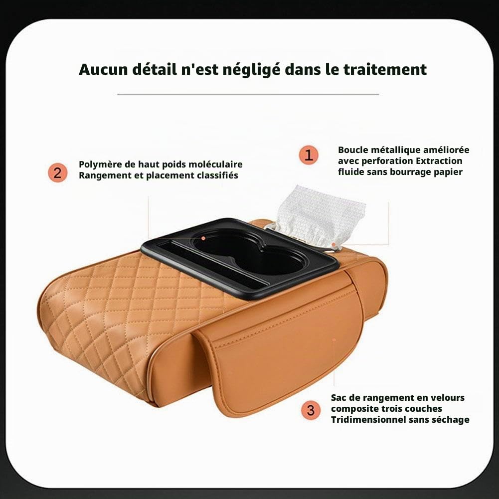 Tapis d'accoudoir de voiture multifonction en cuir synthétique, housse 5 en 1 pour console centrale, avec 2 sacs de rangement, porte-gobelet, fente pour boîte à mouchoirs, fente pour téléphone