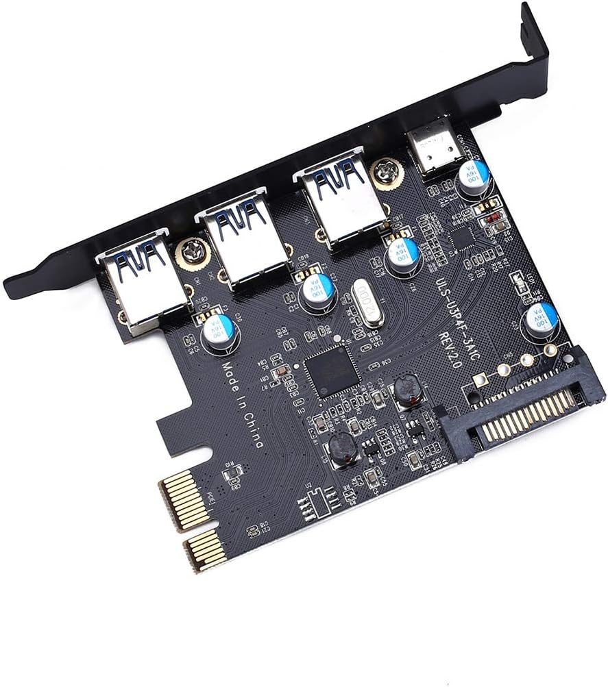 JMT PCI-E to USB 3.0/USB 3.1 PCI Express Card Type C+ 3 Type A Add Expansion Card PCI Express Controller Adapter 3X UBS3.0 + 2X USB 3.1 with 4Pin Power Cable 15Pin SATA Cable (5 Ports)