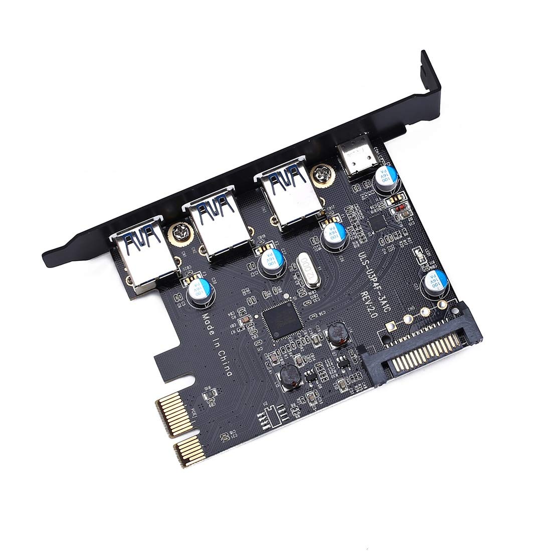 JMT PCI-E to USB 3.0/USB 3.1 PCI Express Card Type C+ 3 Type A Add Expansion Card PCI Express Controller Adapter 3X UBS3.0 + 2X USB 3.1 with 4Pin Power Cable 15Pin SATA Cable (5 Ports)