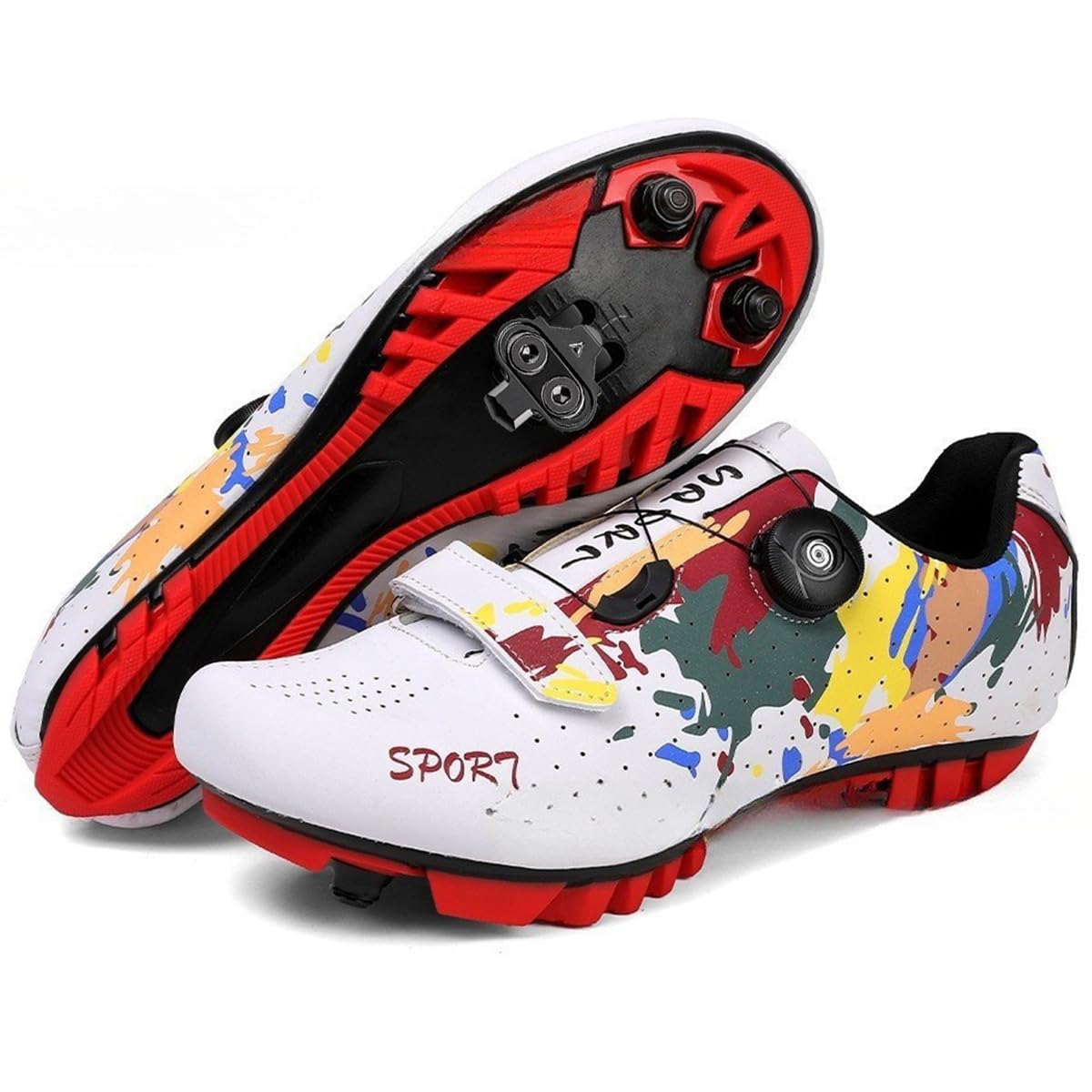Scarpe da Ciclismo Uomo Donna Scarpe Mountain Bike Graffiti Colorati Scarpe da Bici MTB Traspirante Antiscivolo con 2 Bulloni e Tacchetti