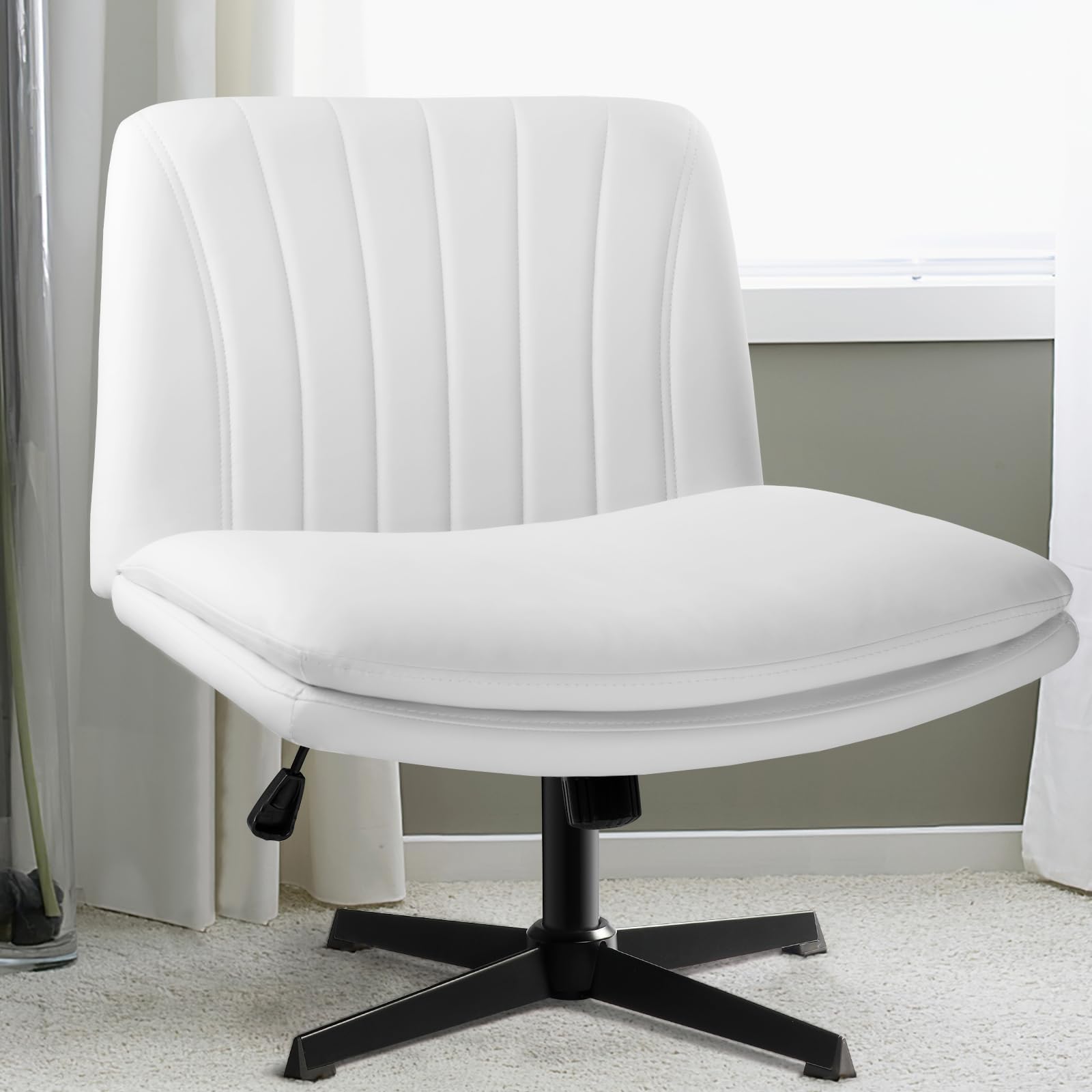 LEMBERI PU Leather Armless Office Desk Chair No Wheels,Criss Cross Legged Wide Padded Seat Swivel Vanity Chair,120°Rocking Mid Back Ergonomic Computer Task Chair for Make Up,Small Space,Beige
