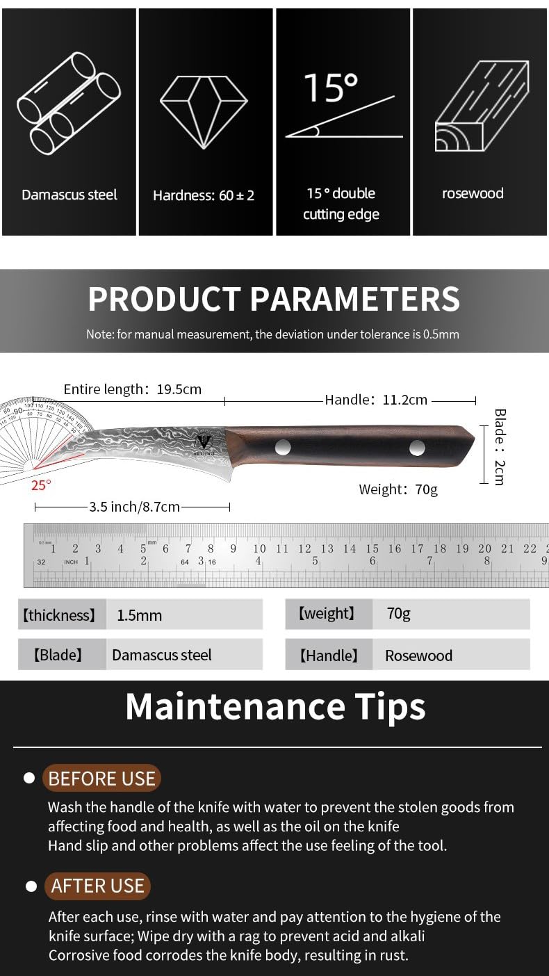 3.5" Paring Knife Damascus Steel Peel Chef Knife - 67-Layer Forged Fruit/Vegetable Knife with Natural Solid Wood Handle, 15° Double-Edged Blade, Ultra-Sharp & Corrosion Resistant — Amazon image 9