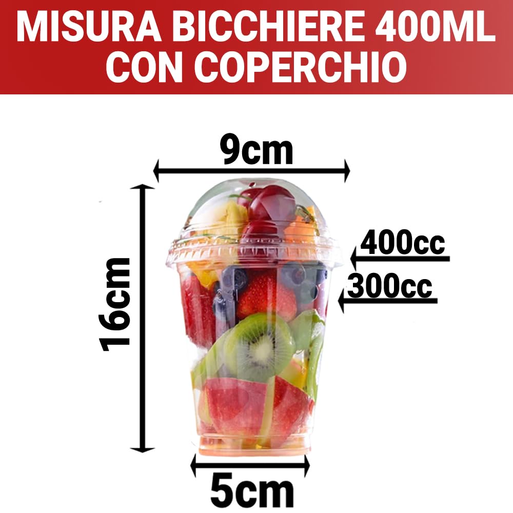 G.M. DISTRIBUZIONE 200 Bicchieri Macedonia in PP da 400ml + 200 Coperchi A Cupola in PS, Bicchieri e Coperchi Trasparenti, Bicchiere Riutlizzabile Alta Qualità per Bar e Gelaterie