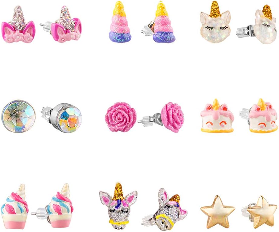 SkyWiseWinHypoallergenic Earrings Set for Little Girls, Children's Colorful Cute Earrings for Kids