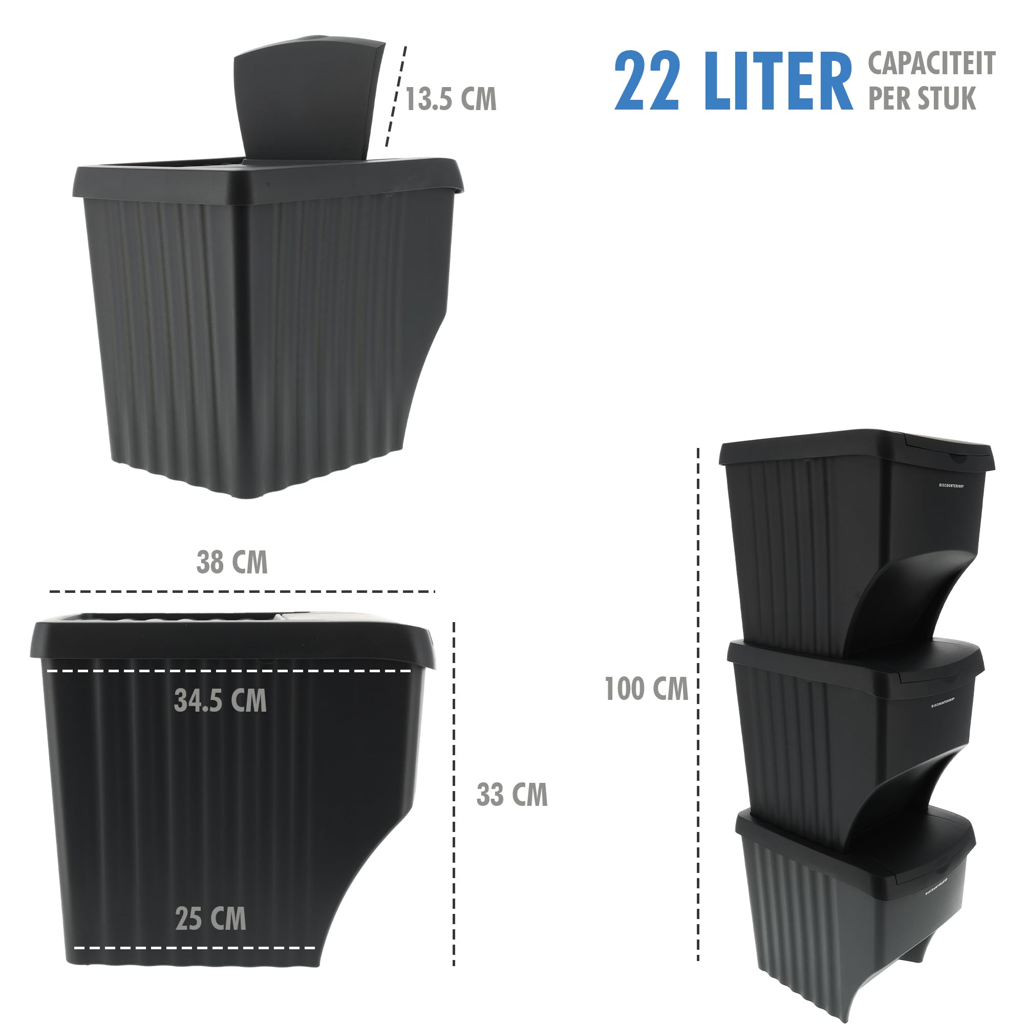 Set di 3 bidoni della spazzatura, colore nero, 3 x 22 litri, impilabili, bidoni per il riciclaggio e la raccolta differenziata