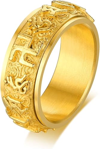 Amazon Rockyu ジュエリー 人気ブランド 指輪 チタン メンズ ゴールド 刻印 まんじ 万字紋 マントラ メンズリング23号 ロック レトロ アンティーク風 おしゃれ ギフト ゴルドー 23号 リング 通販