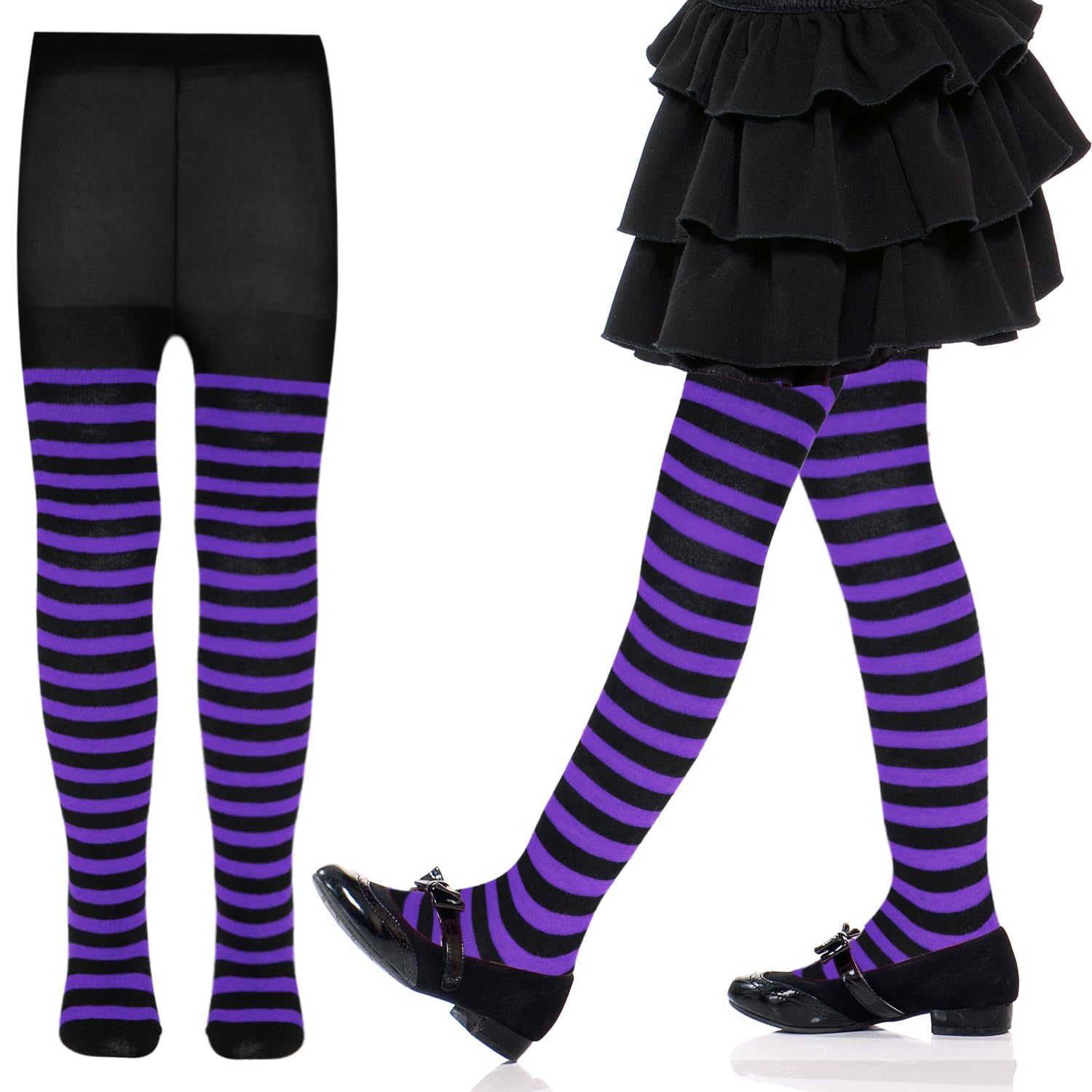 Halloween Striped Tights Kids, Striped Socks Childrens Full Footed Striped Socks, Elf Witch Fancy Dress Costume Stockings for Girls Halloween Cosplay Dress Up Accessories (UK, Alpha, One Size, Purple)