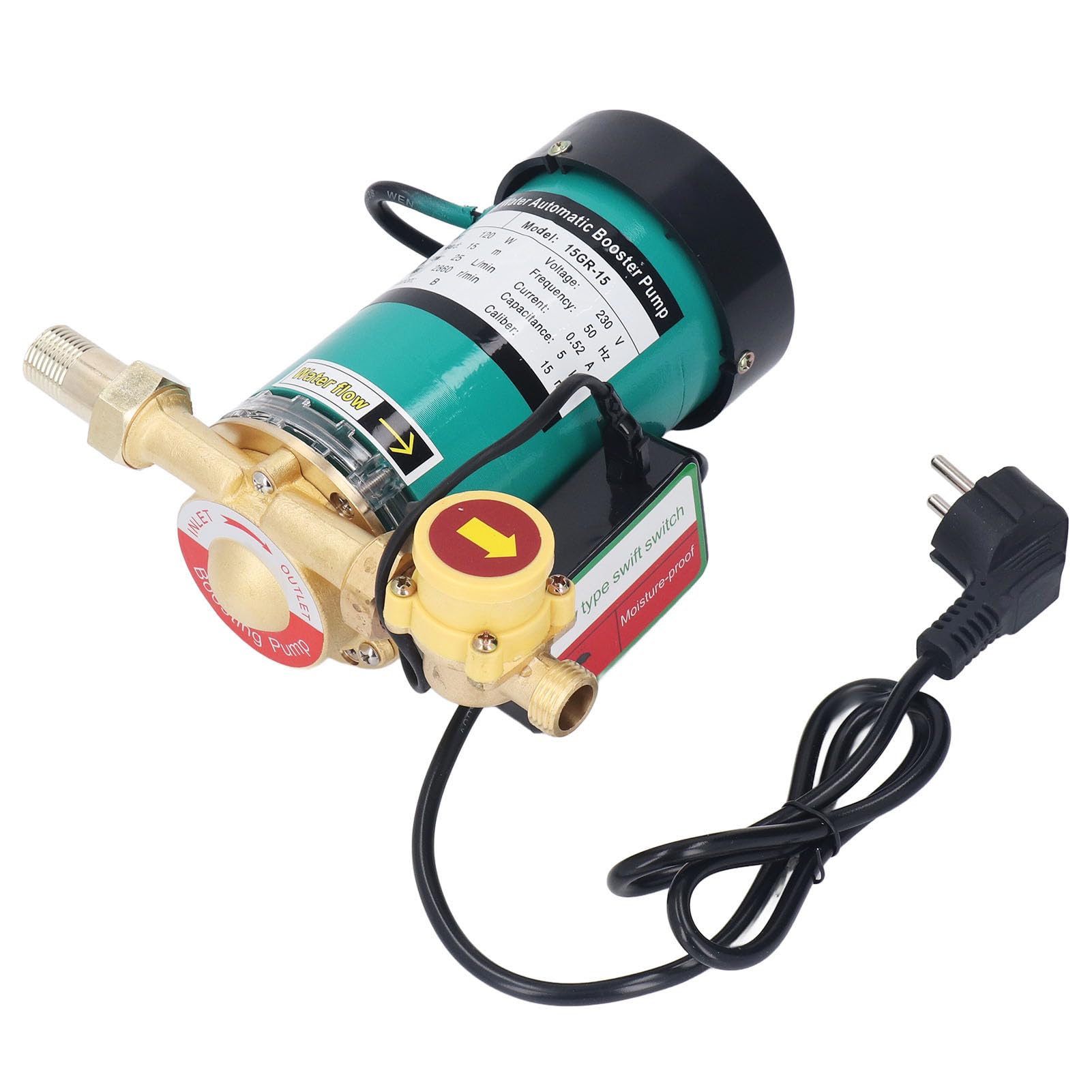 FTVOGUE Bomba Elevadora de Presión de Agua Automática, Bomba de Latón de 120W, 25L/min, 49 Pies, con Ventilador de Disipación de Calor para Calentador de Agua Solar Doméstico