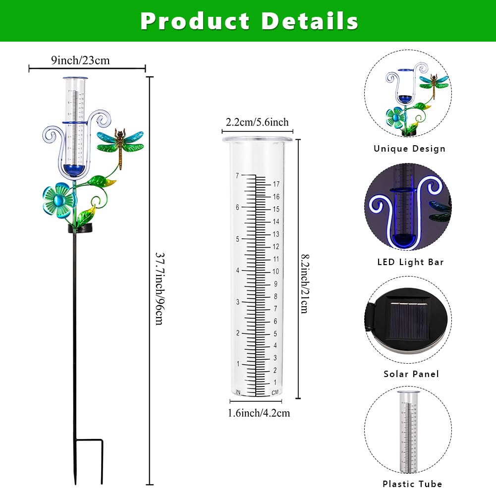 Pluviometro per esterni, pluviometro solare con luci al neon a LED, capacità 17,8 cm, antigelo, per patio, giardino, cortile, misurazione delle precipitazioni