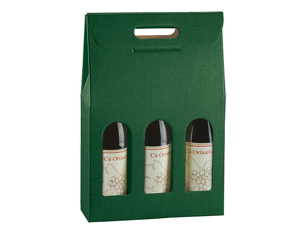 5 scatole per 3 Bottiglie Vino Verticali Modello bordolese, borgognotta robuste strenne Natalizie Cartone accoppiato e Maniglia Esterna cm.27x9x38,​5h 3 Seta Verde