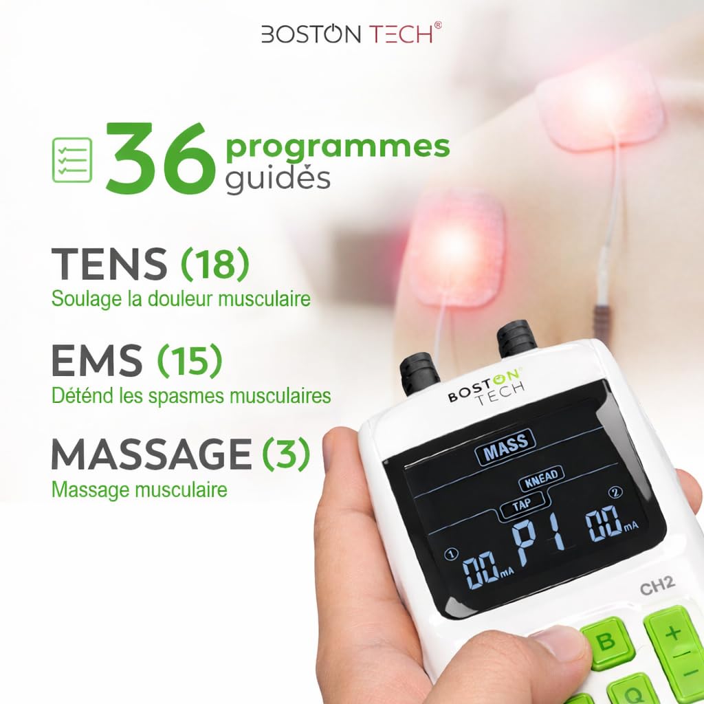 Boston Tech® Stimulateur musculaire 3 en 1 avec fonctions TENS/EMS/massage | 2 canaux, 36 programmes à intensité réglable, 4 électrodes. Soulage, réhabilite et renforce les muscles. Piles incluses.