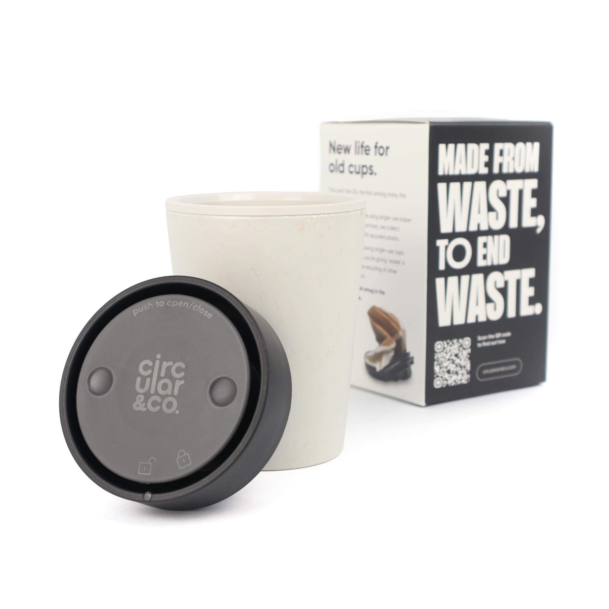 Circular&Co 8oz / 227ml Reusable Coffee Cup – Made from Recycled Paper Cups – Leakproof, Lockable Small Travel Mug, BPA Free – Chalk & Ink Black – Made in the UK